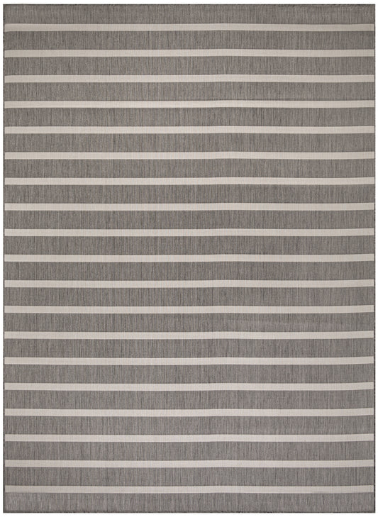 Gray textured area rug with evenly spaced off-white horizontal stripes.