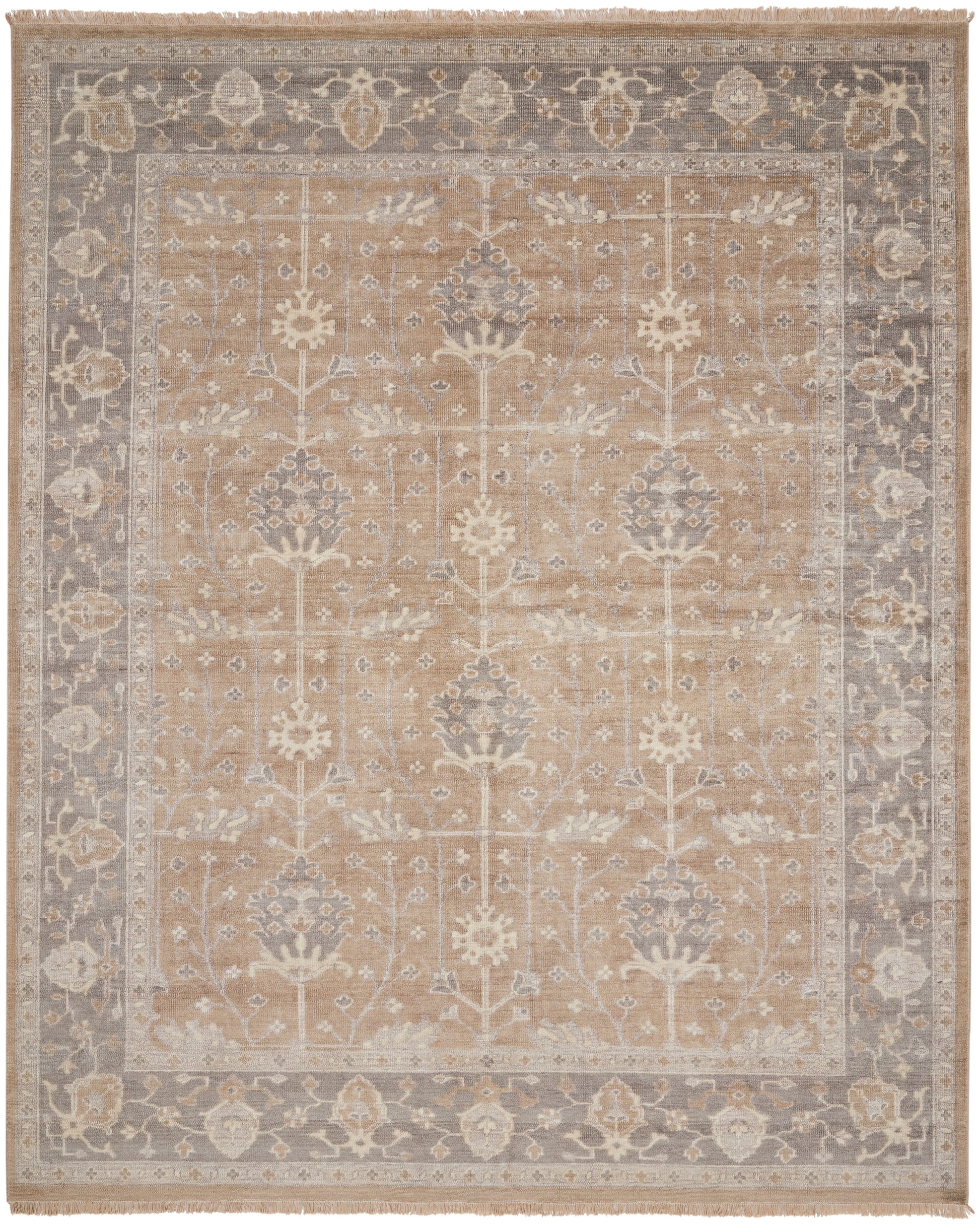 Beige vintage-style area rug with taupe-gray border and cream floral motifs; rectangular with a faded antique look.