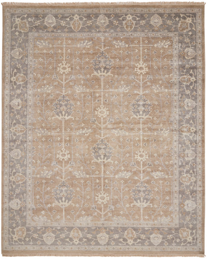 Beige vintage-style area rug with taupe-gray border and cream floral motifs; rectangular with a faded antique look.