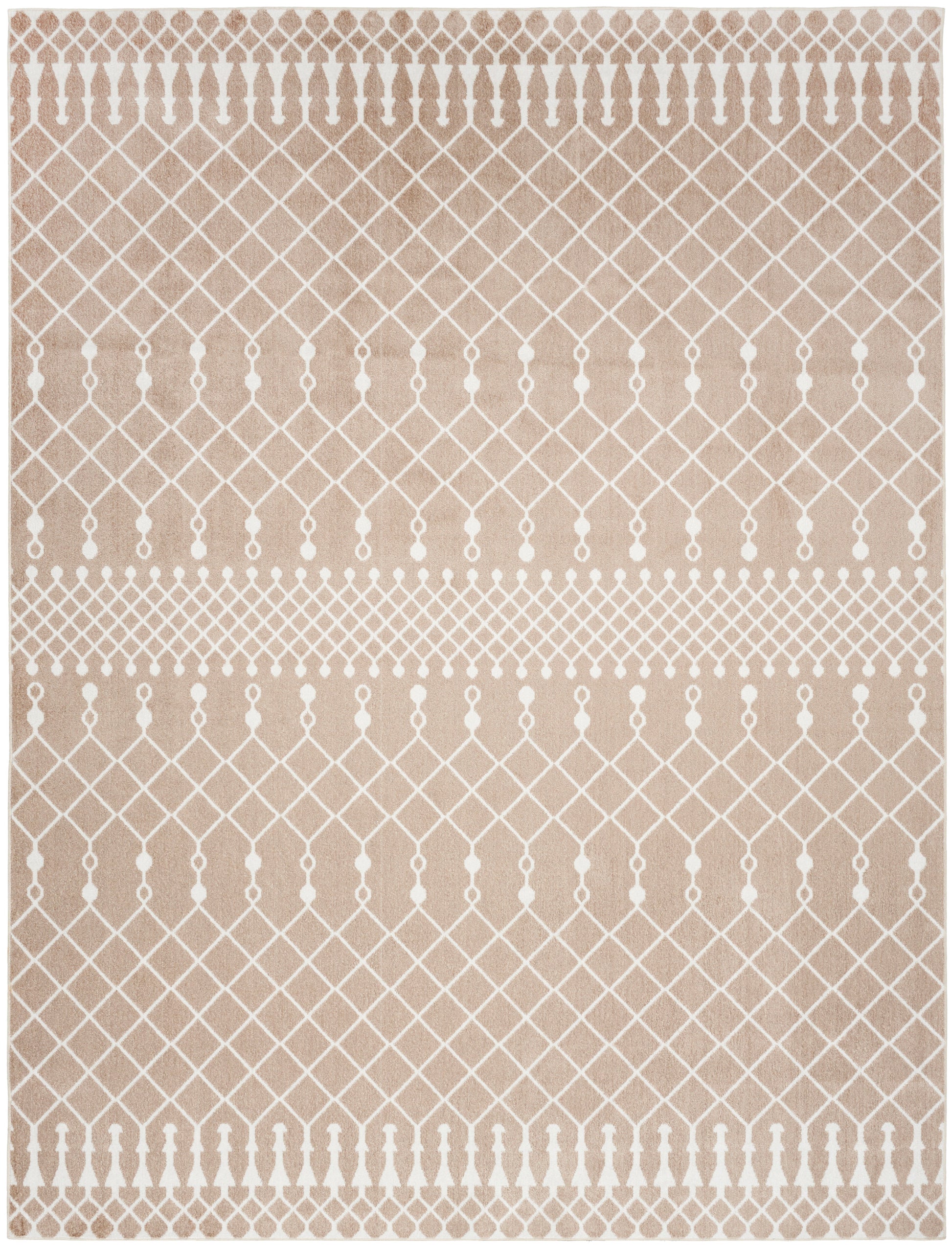 Beige rectangular rug with white lattice diamond pattern and dotted horizontal bands.