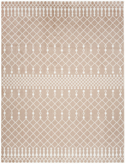 Beige rectangular rug with white lattice diamond pattern and dotted horizontal bands.