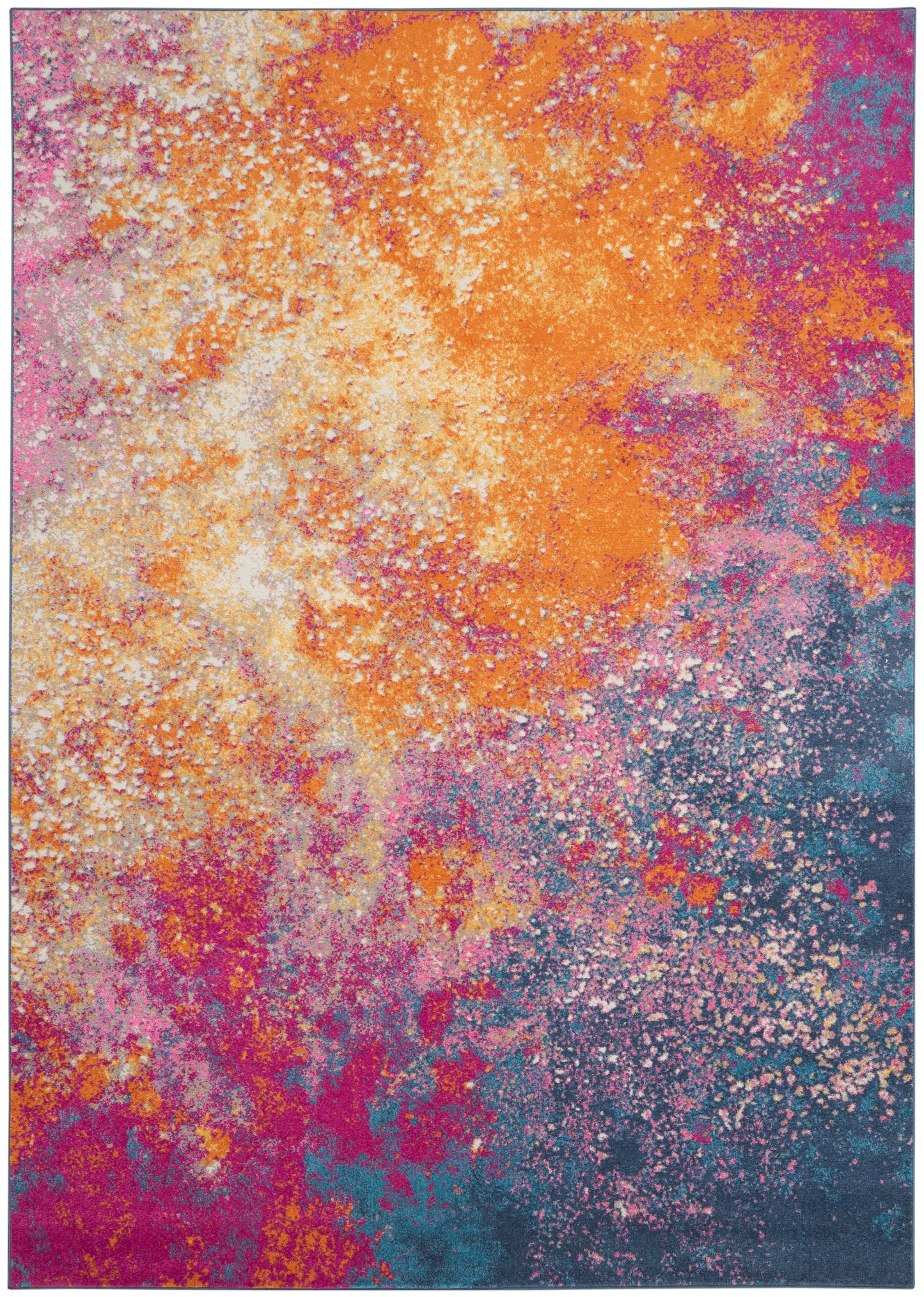 Abstract multicolor powder-splatter rug with orange, pink, purple and teal; rectangular decorative area rug.