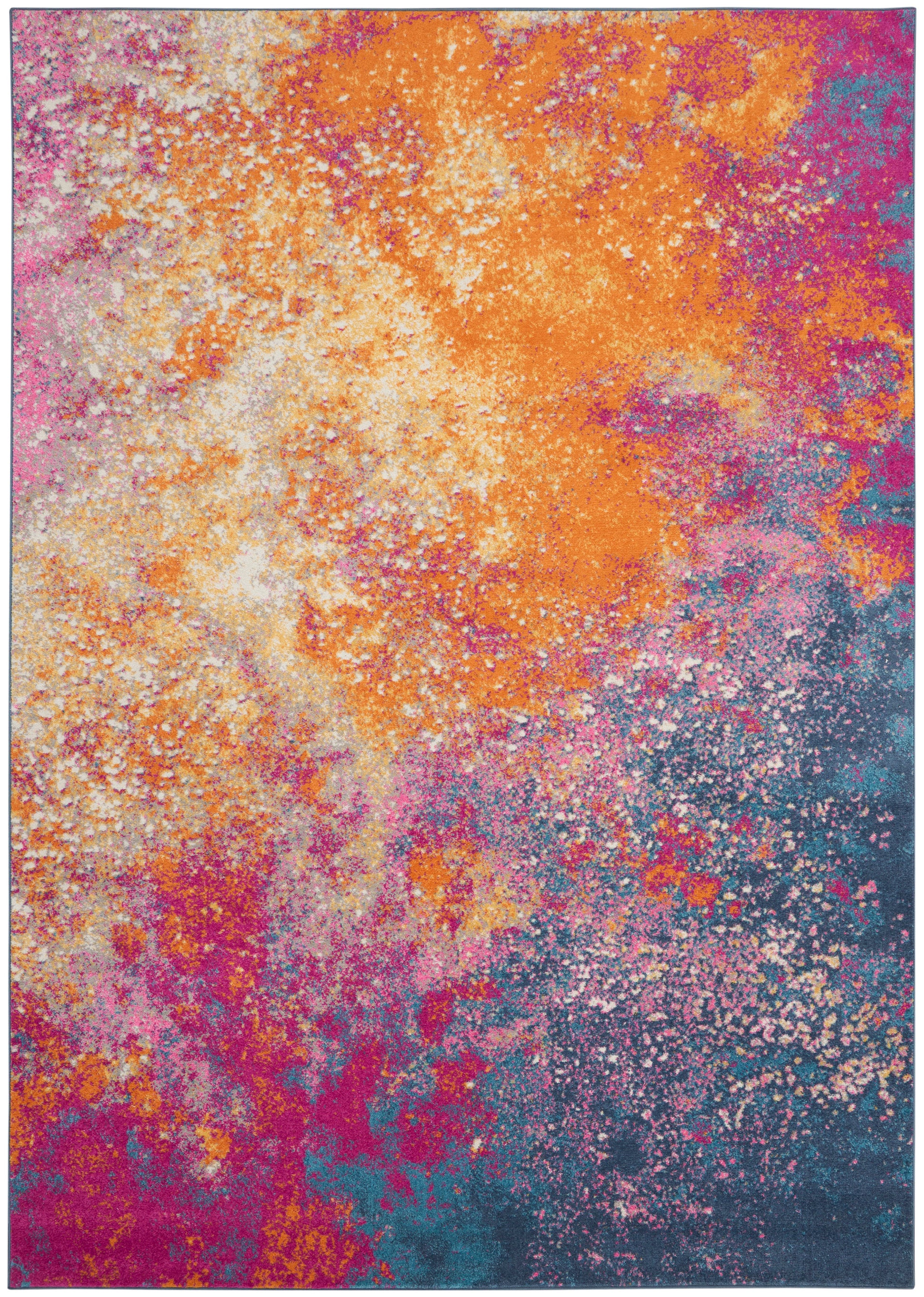 Abstract multicolor powder-splatter rug with orange, pink, purple and teal; rectangular decorative area rug.