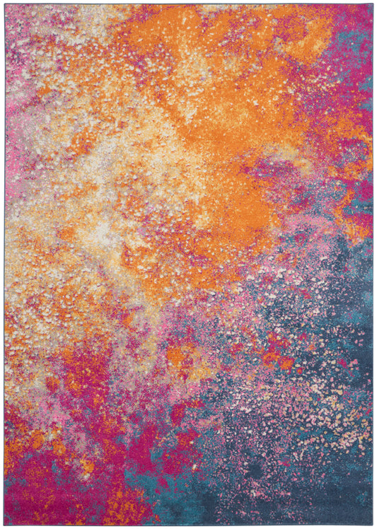 Abstract multicolor powder-splatter rug with orange, pink, purple and teal; rectangular decorative area rug.