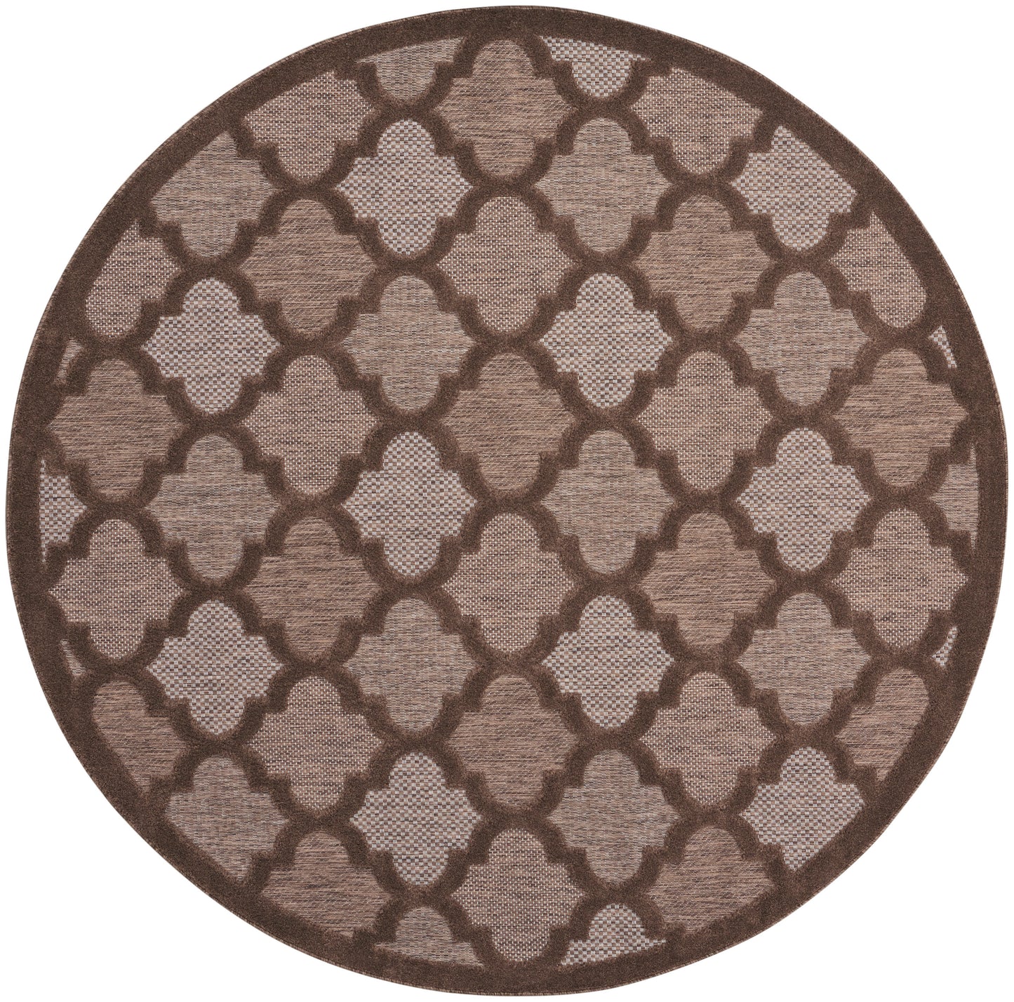 Round brown-tan rug with an interlocking lattice trellis pattern and a textured woven surface.