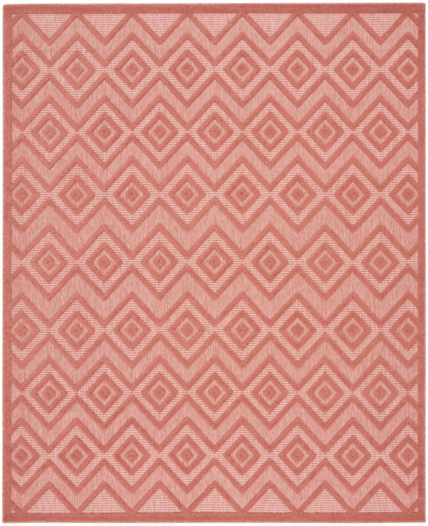 Pink rug with repeating diamond pattern in rose hues; geometric chevron border, woven textile.