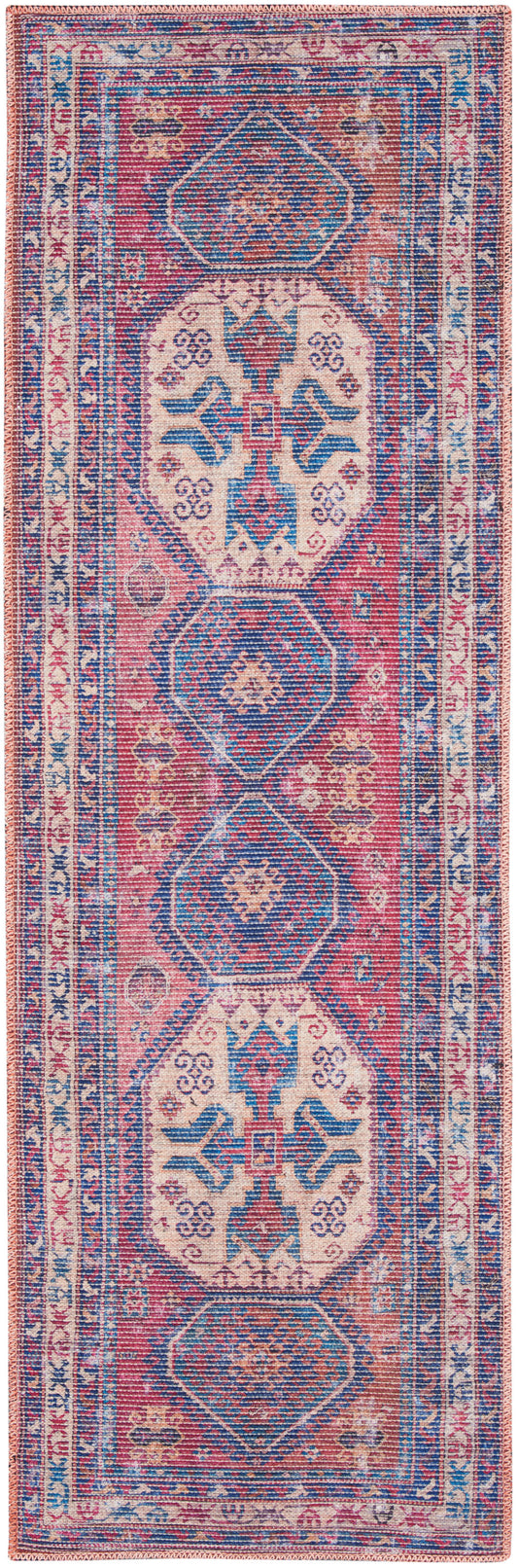 Colorful oriental runner rug with red, blue & ivory geometric medallions & intricate border patterns.