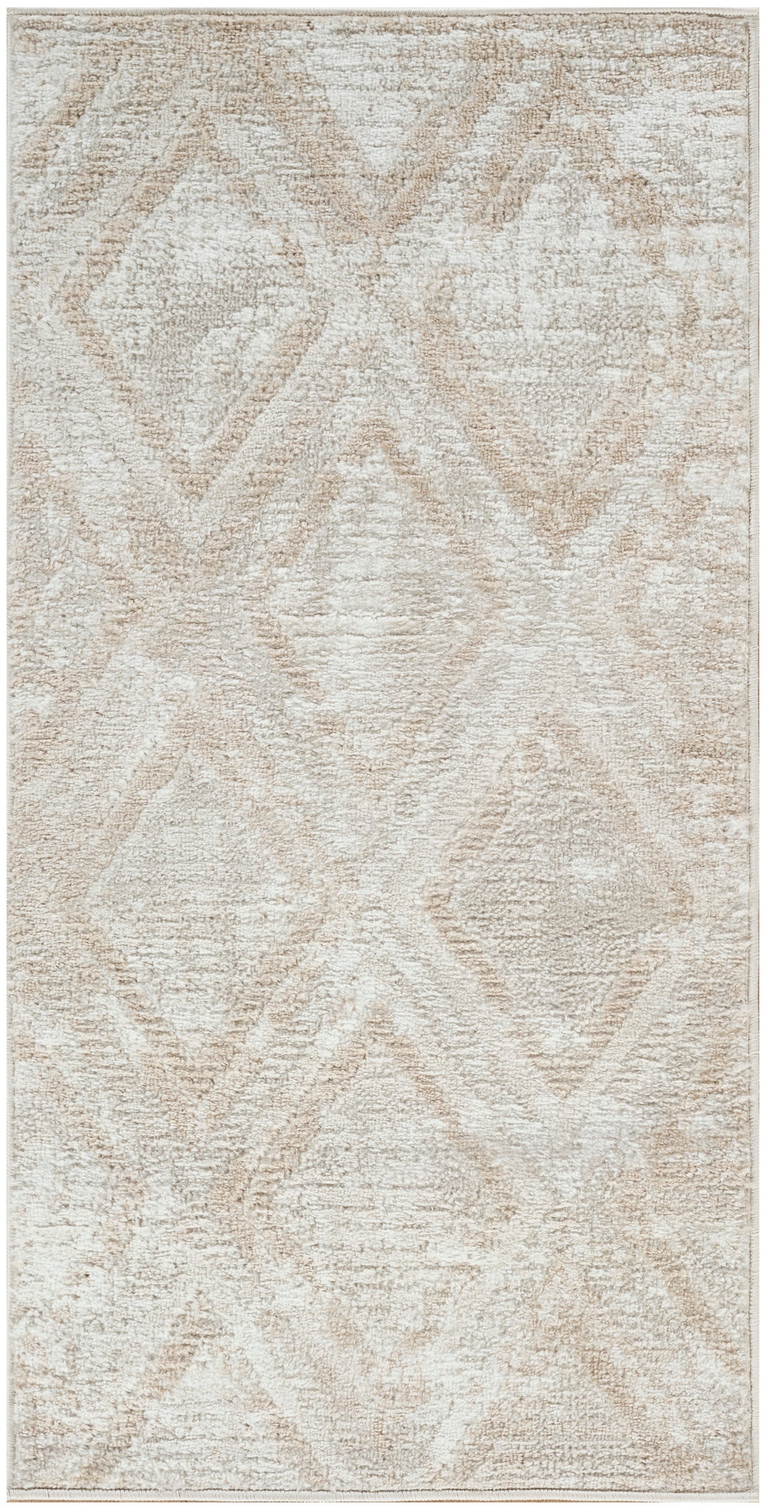 Beige geometric diamond-pattern area rug with soft distressed look and neutral cream-tan tones.