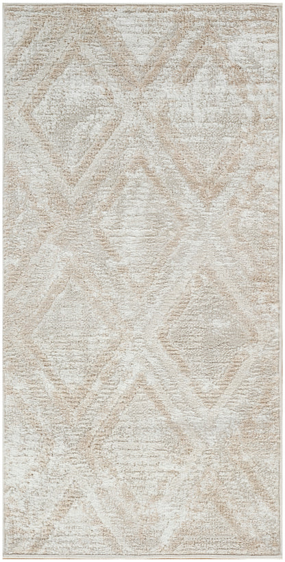 Beige geometric diamond-pattern area rug with soft distressed look and neutral cream-tan tones.