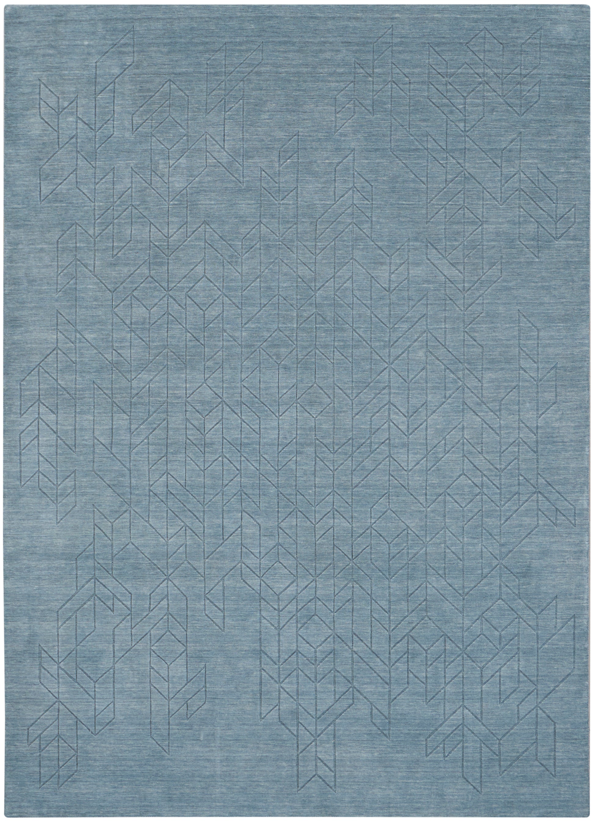 Blue area rug with a subtle geometric chevron line pattern and soft woven texture.