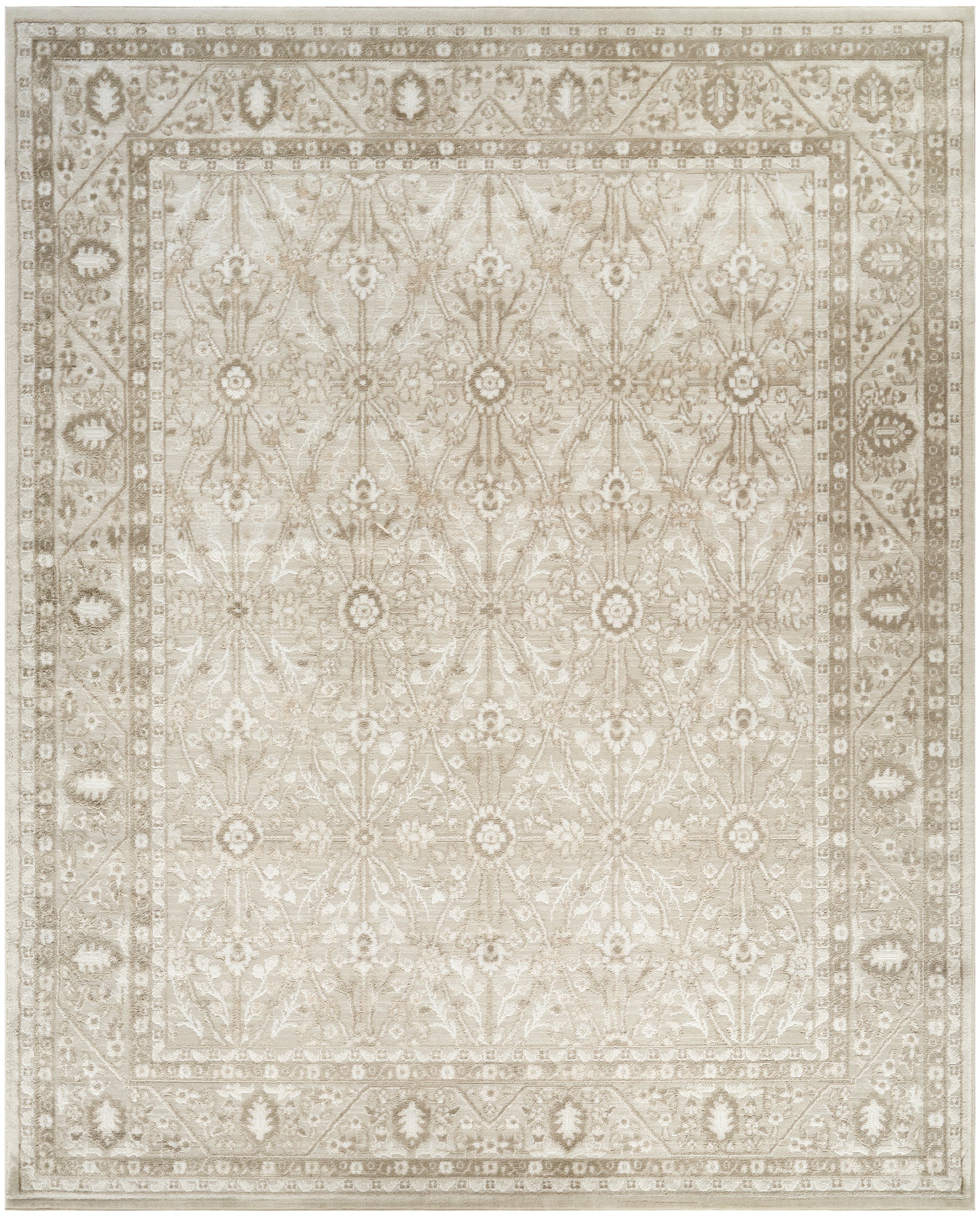 Beige Persian-style area rug with intricate ivory floral motif and decorative border.