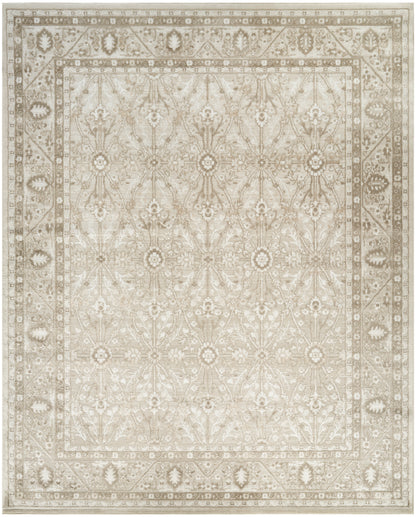 Beige Persian-style area rug with intricate ivory floral motif and decorative border.