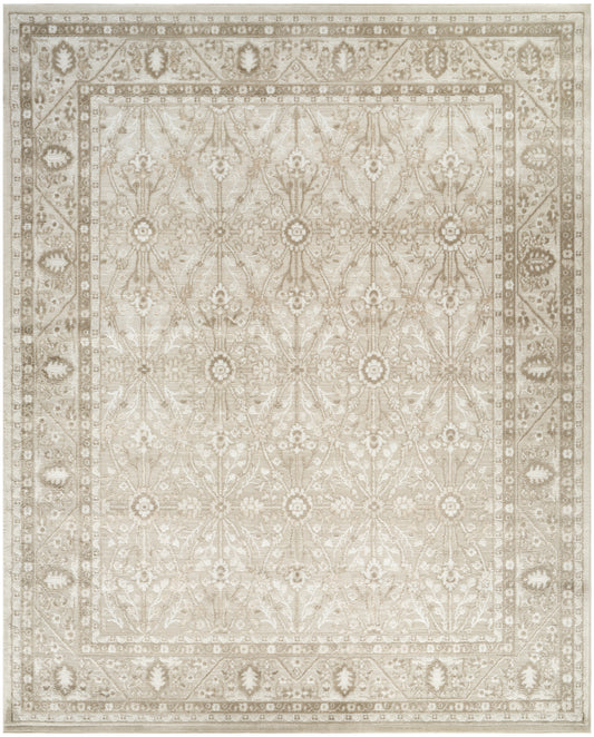 Beige Persian-style area rug with intricate ivory floral motif and decorative border.