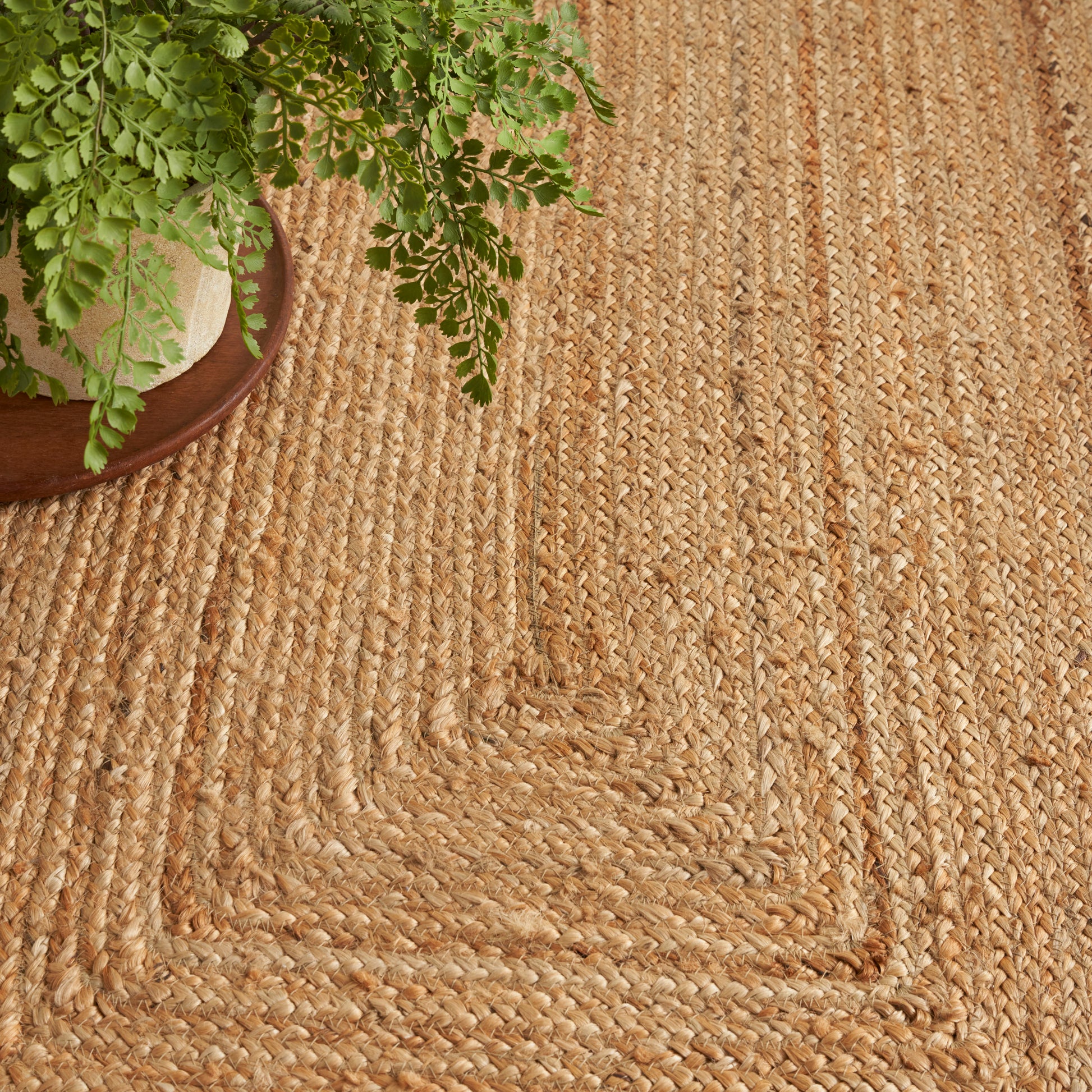 Natural jute rug with textured woven concentric square pattern; potted green fern sits on upper left.