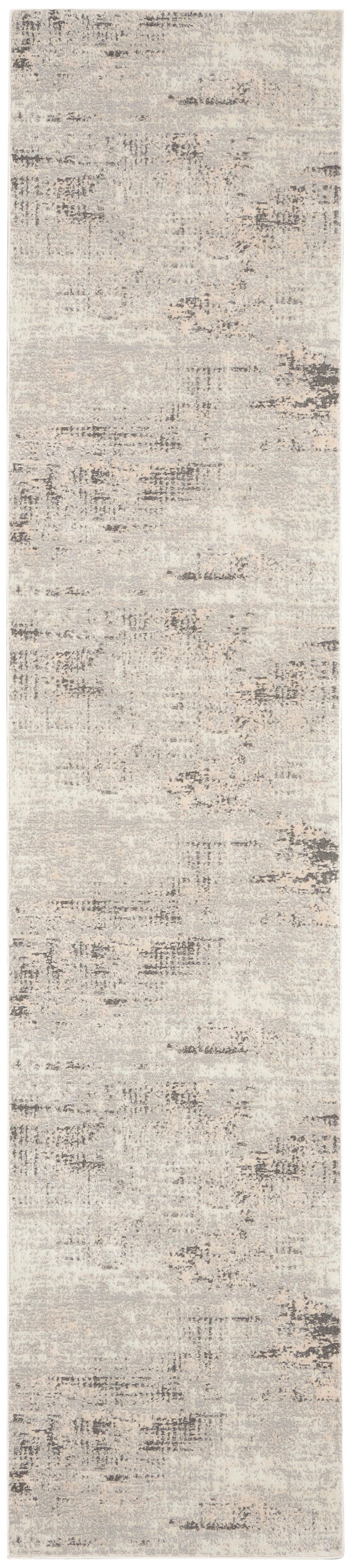 Soft beige runner rug with muted abstract gray-brown pattern.