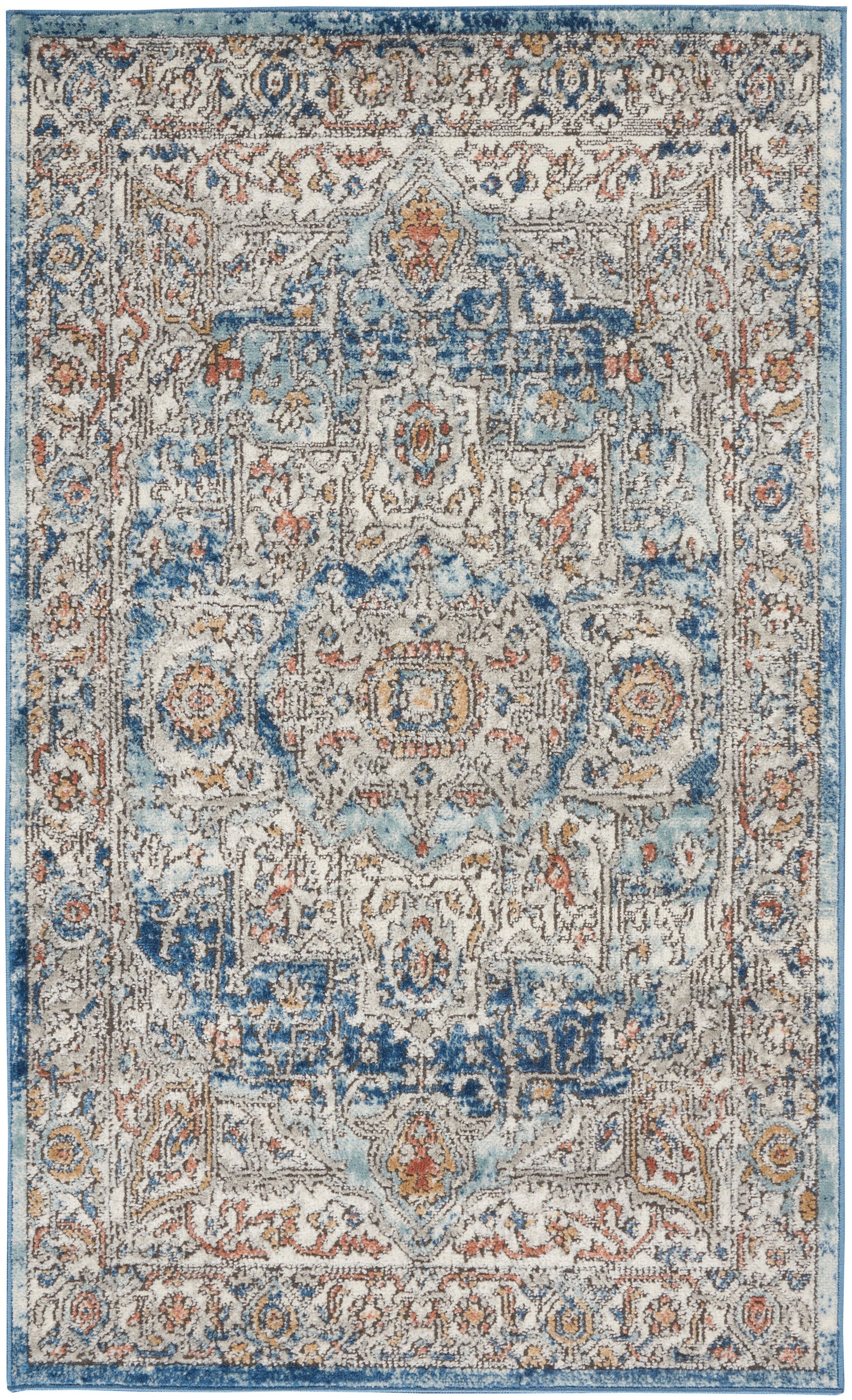Blue and ivory distressed oriental area rug with central medallion, floral motifs and ornate border