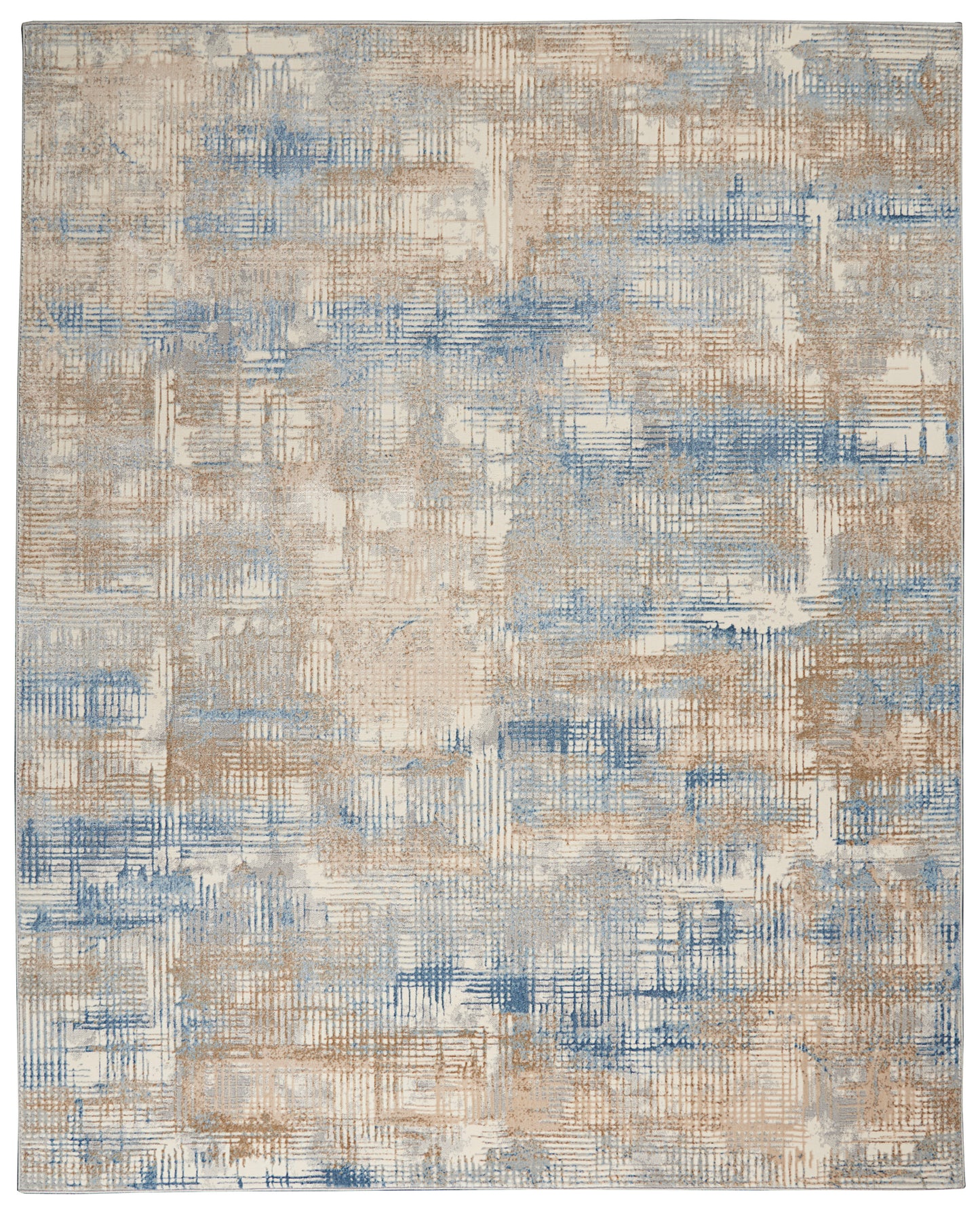 Abstract rectangular area rug in beige, tan and blue with a brushed grid pattern.