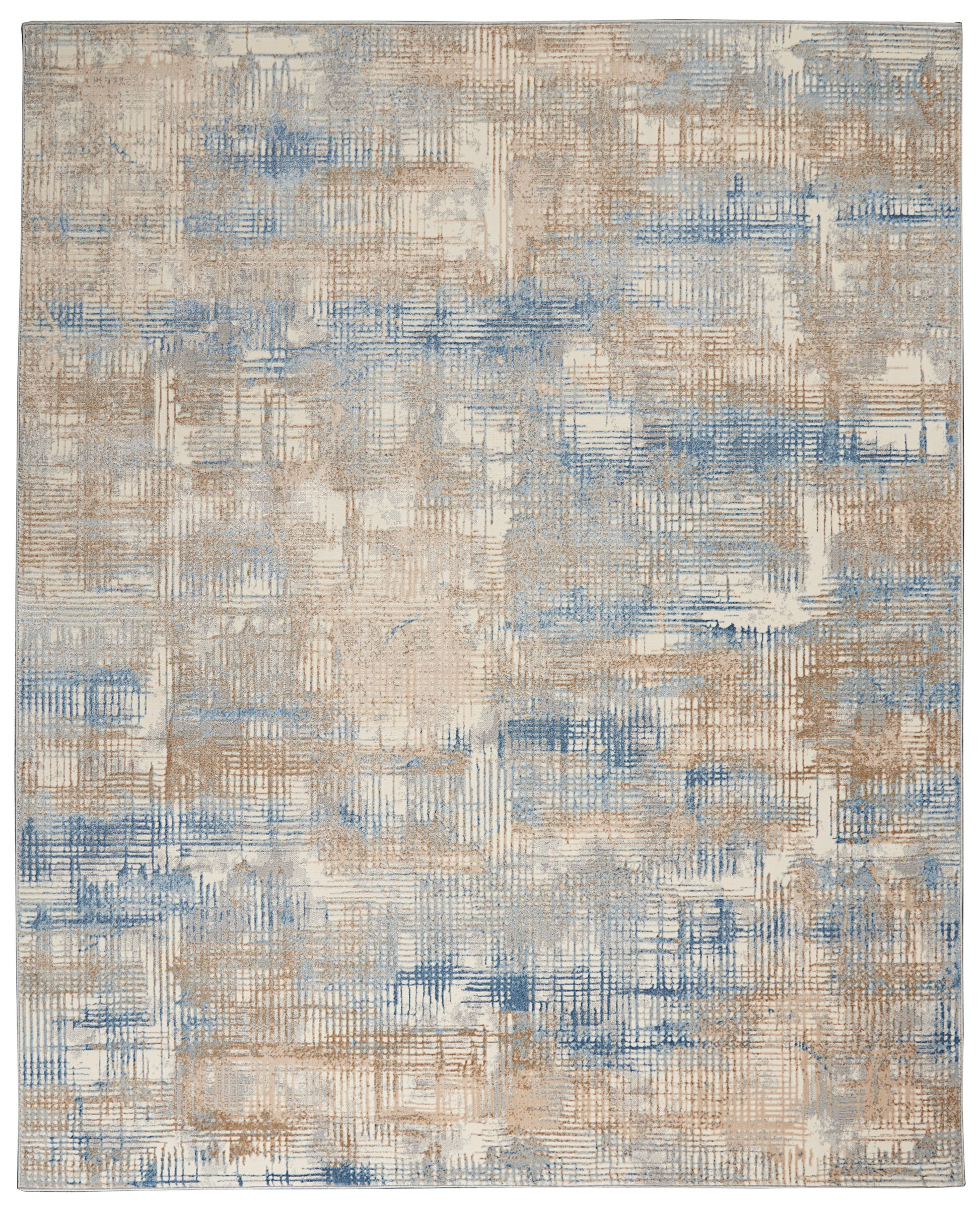 Abstract rectangular area rug in beige, tan and blue with a brushed grid pattern.