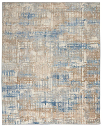 Abstract rectangular area rug in beige, tan and blue with a brushed grid pattern.