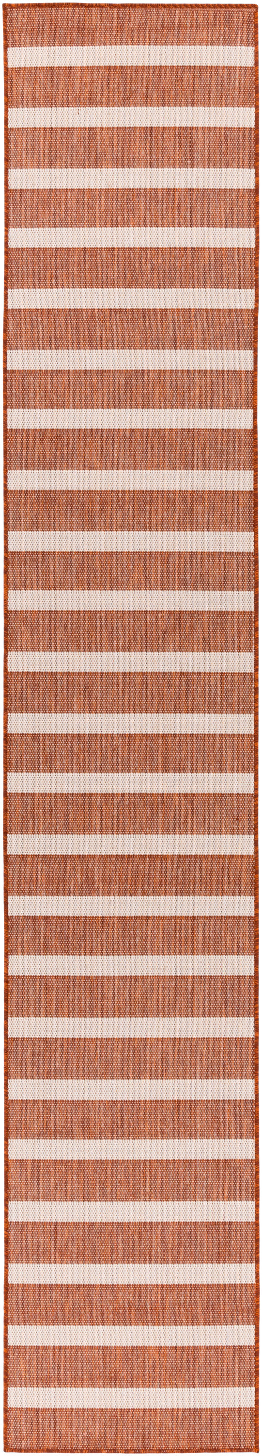 Orange-brown woven rug runner with wide cream horizontal stripes and textured weave