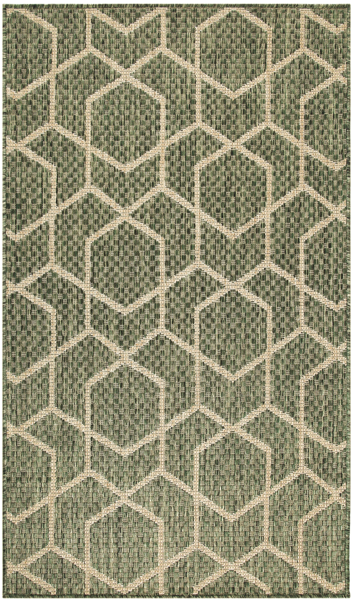 Green woven rug with beige hexagon lattice pattern; contemporary geometric trellis style.