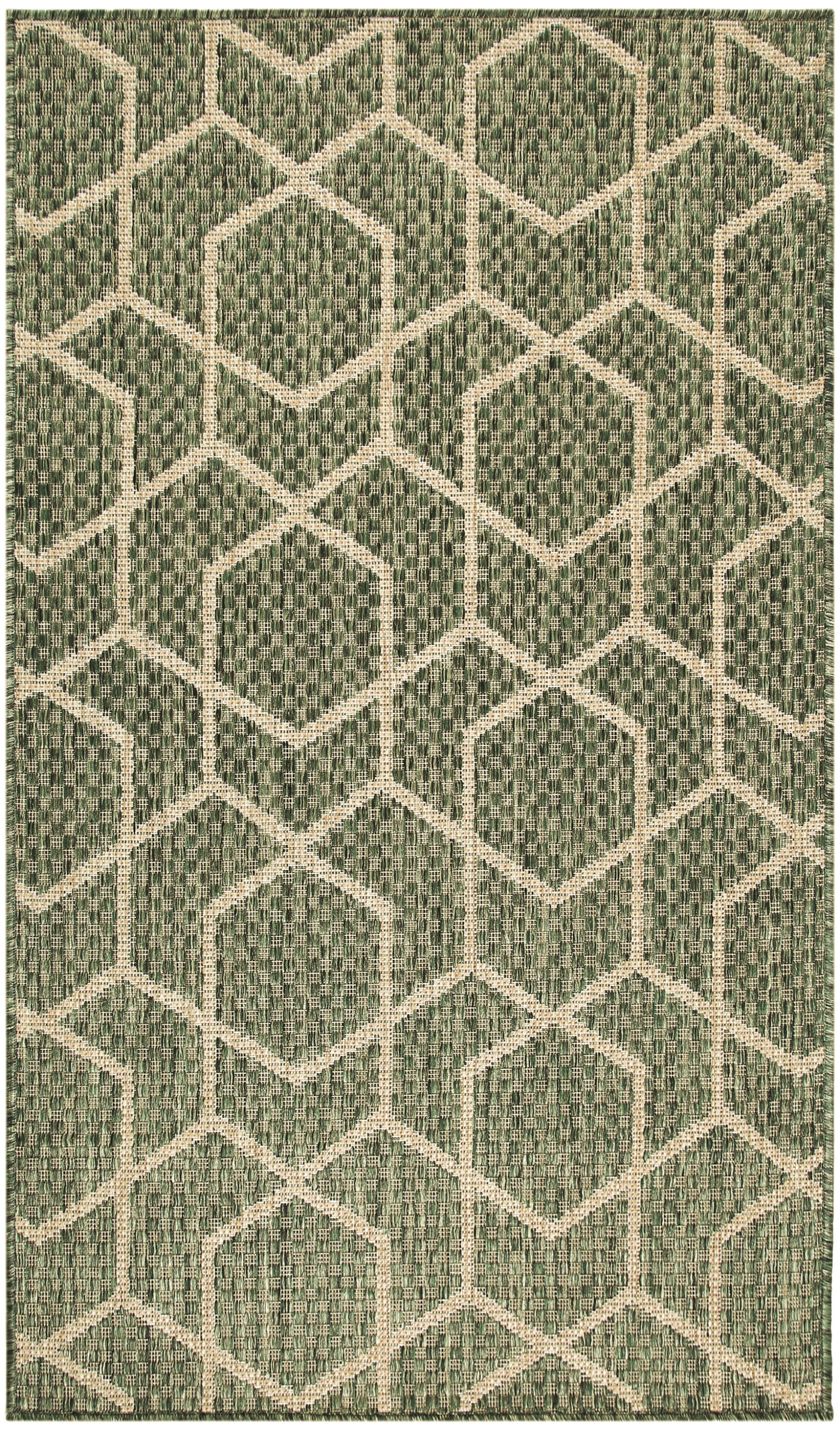 Green woven rug with beige hexagon lattice pattern; contemporary geometric trellis style.