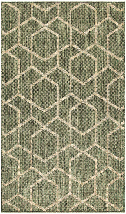 Green woven rug with beige hexagon lattice pattern; contemporary geometric trellis style.