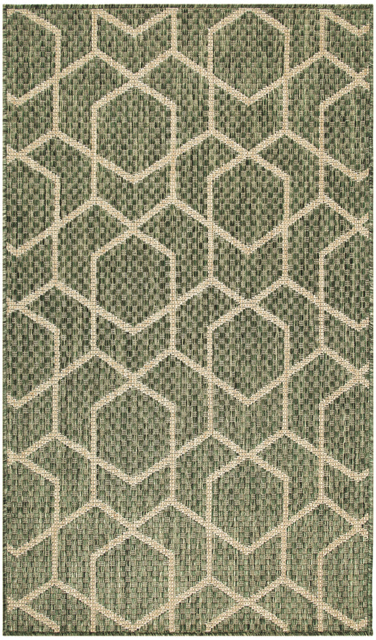 Green woven rug with beige hexagon lattice pattern; contemporary geometric trellis style.