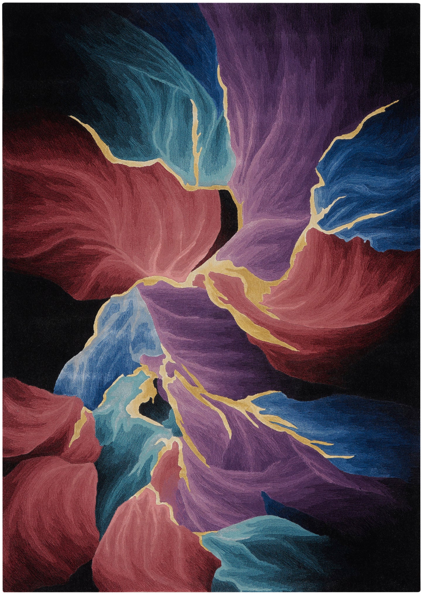 Abstract floral rug design with bold pink, purple, and blue petals and gold outlines on a dark background; 4' x 6' rug.