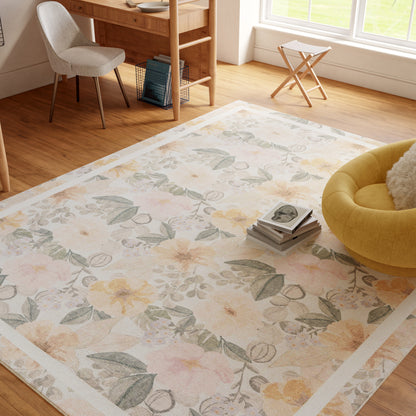 Pastel floral area rug with leaves and blossoms on a light background in a sunny room with wooden desk and yellow chair.