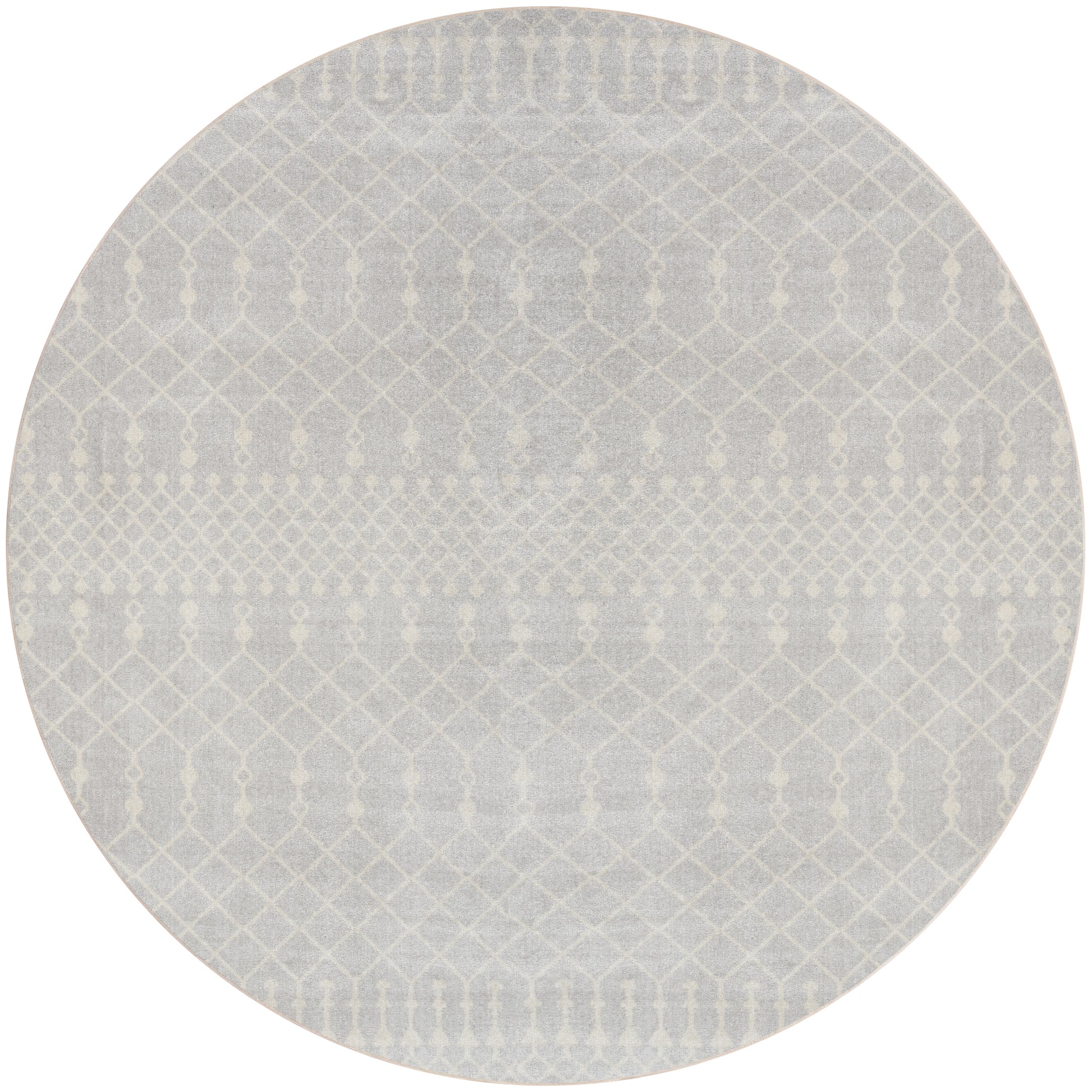 Round light gray rug with a subtle white geometric lattice pattern, Bohemian style.