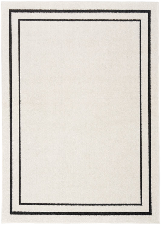 Beige rug with two black border lines forming inner and outer frames; minimalist rectangular design.