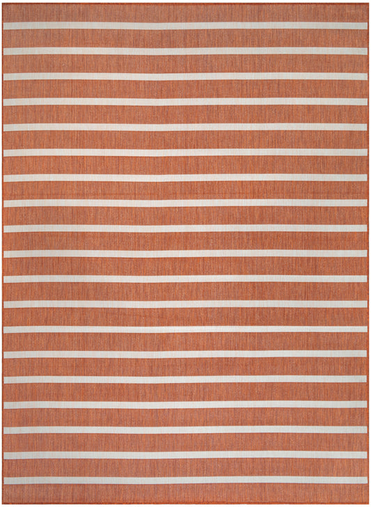 Orange rug with white horizontal stripes and woven texture.