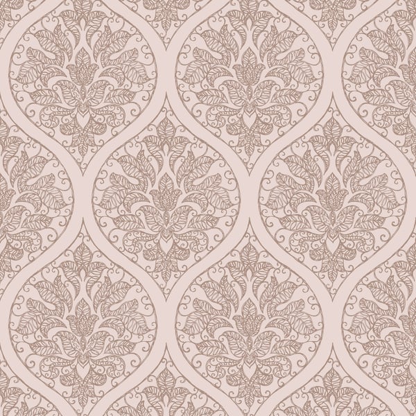Pink wallpaper with damask floral medallions inside teardrop shapes, repeating ornate pattern.
