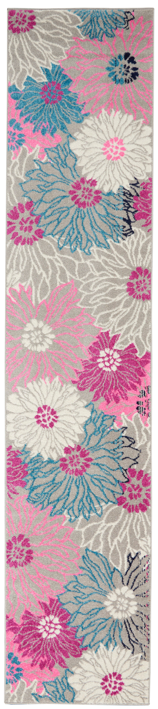 Long floral rug runner featuring oversized pink, teal blue and white blossoms on a light gray background; machine-made.