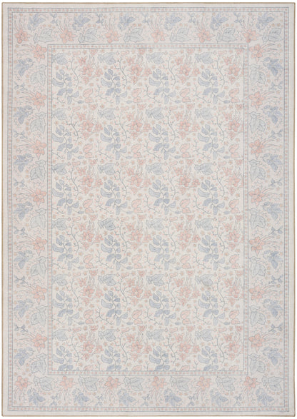 Pastel floral-pattern area rug with blue and peach vines on ivory field and pale border.