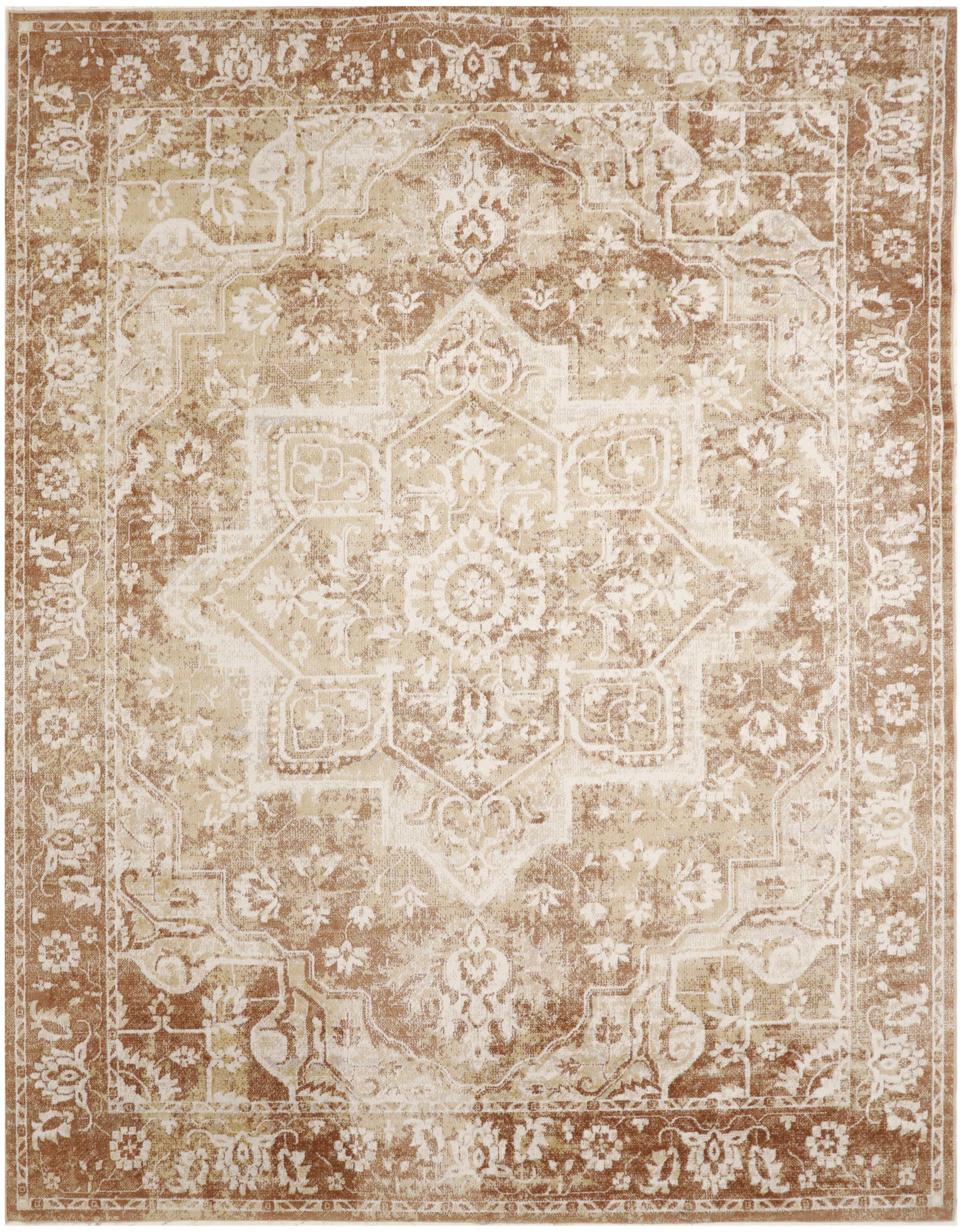 Distressed beige and cream oriental rug with central medallion and ornate floral border.