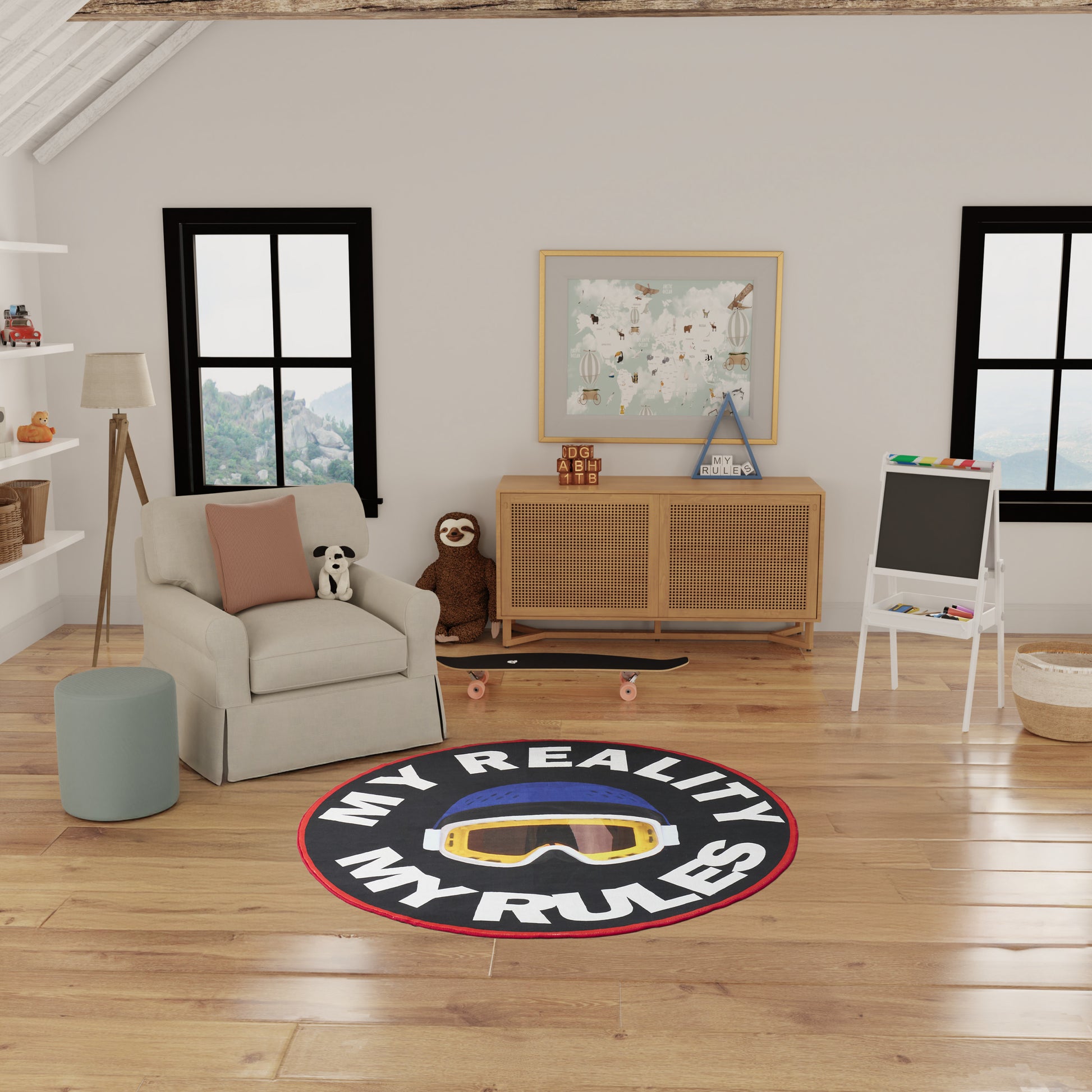 Round black rug with red border featuring 'MY REALITY MY RULES' and yellow goggles, in a bright kids' playroom.