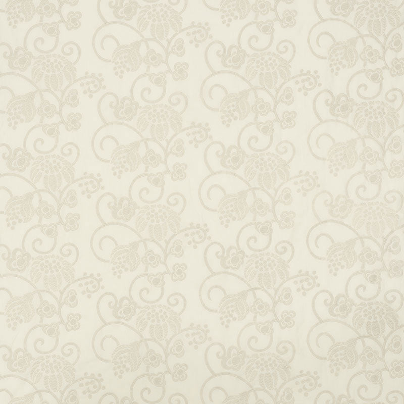 Cream damask floral pattern wallpaper with subtle beige vines and blooms on a light ivory background.