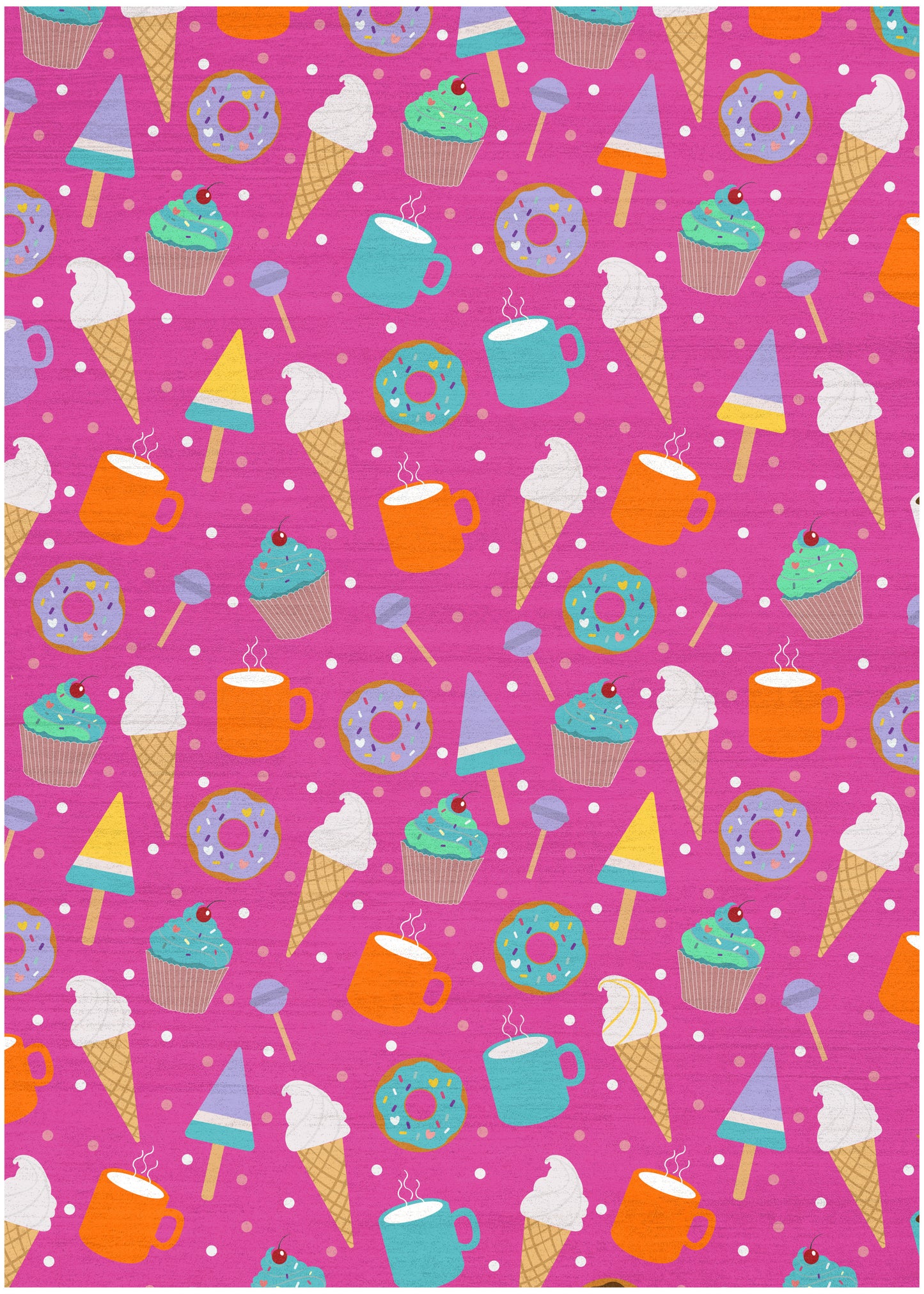 Bright pink fabric print with donuts, cupcakes, ice cream cones, popsicles and teal/orange mugs.