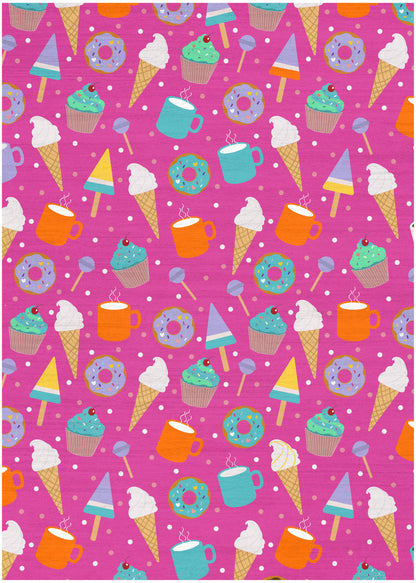 Bright pink fabric print with donuts, cupcakes, ice cream cones, popsicles and teal/orange mugs.