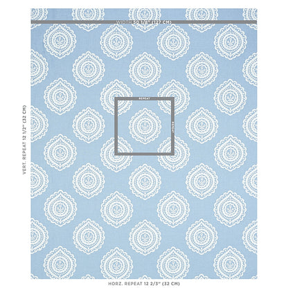 Blue linen fabric with a repeating white damask medallion pattern.