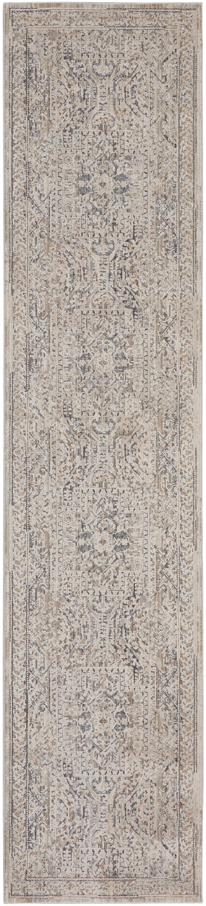 Long beige distressed oriental runner rug with ivory and gray medallion motifs and ornate borders.
