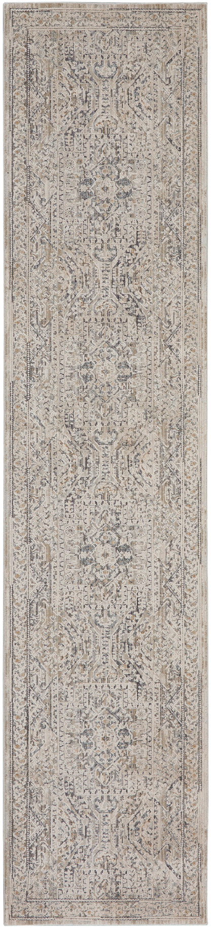 Long beige distressed oriental runner rug with ivory and gray medallion motifs and ornate borders.