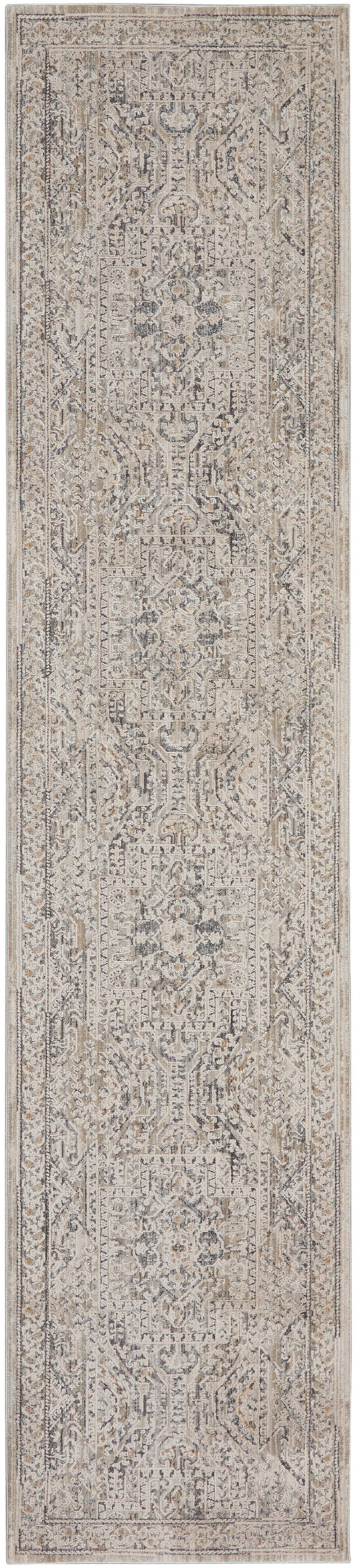 Long beige distressed oriental runner rug with ivory and gray medallion motifs and ornate borders.
