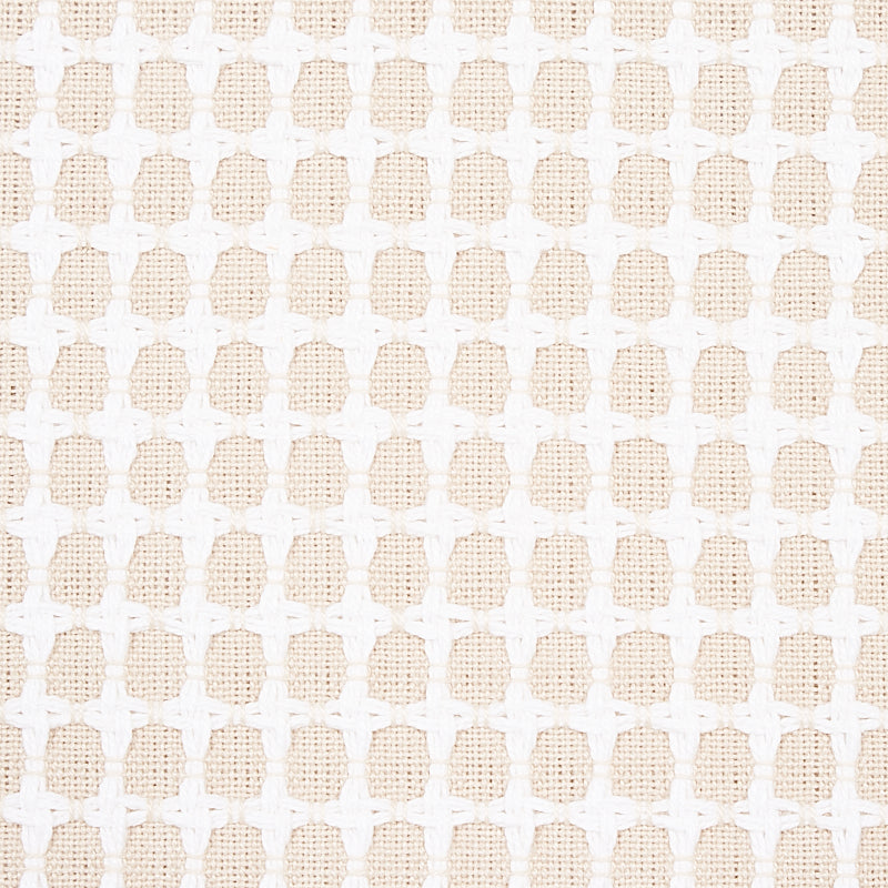 Beige woven fabric with white cross-stitch lattice pattern; textured weave for upholstery & curtains.