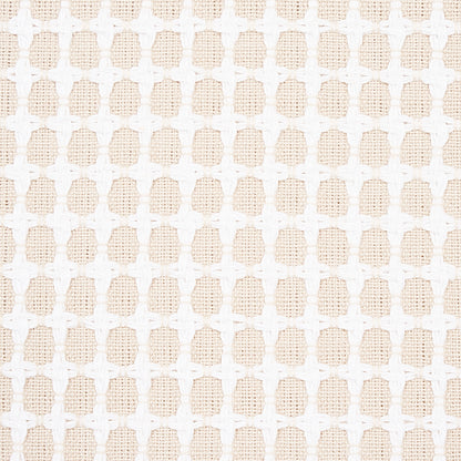 Beige woven fabric with white cross-stitch lattice pattern; textured weave for upholstery & curtains.
