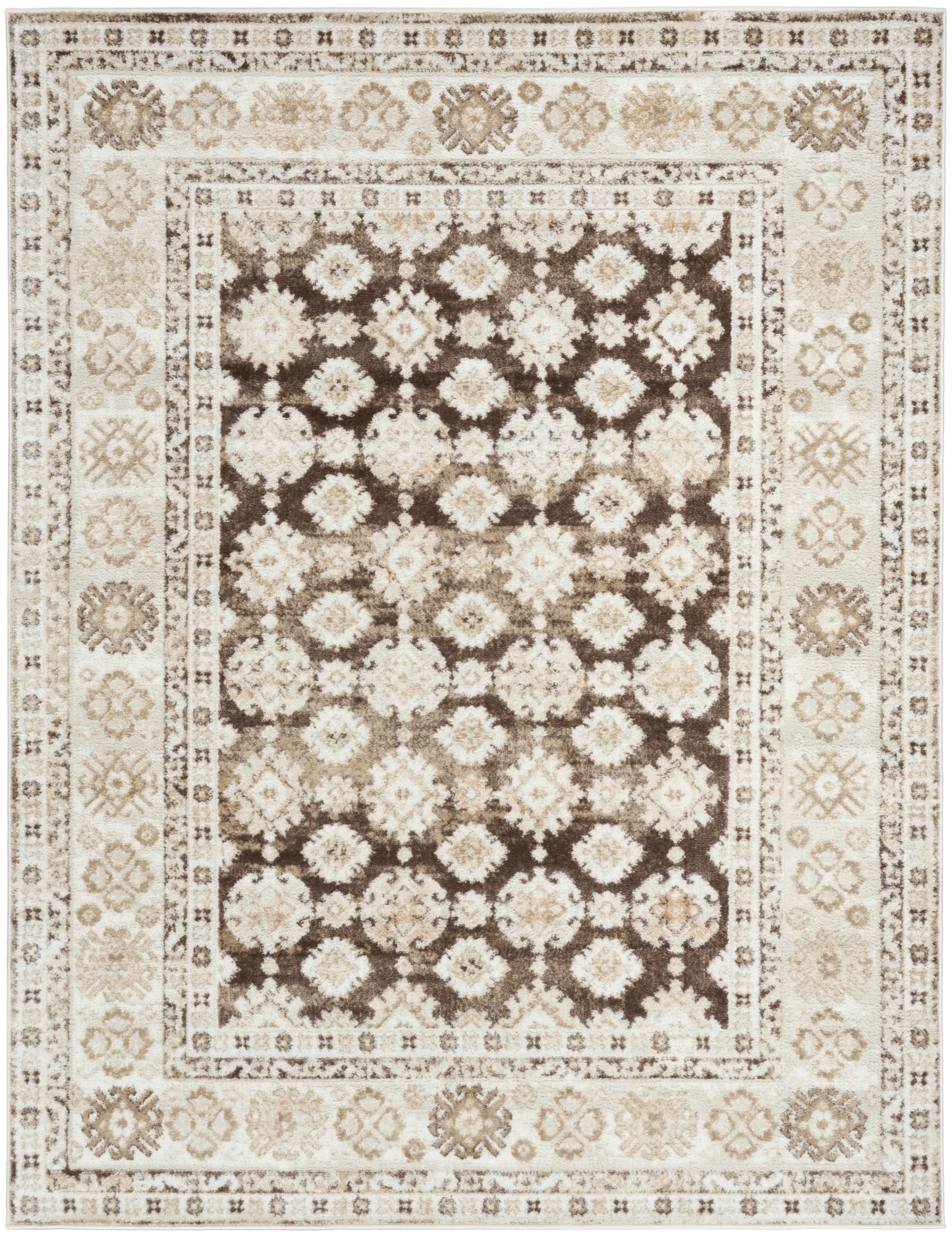 Rectangular area rug with a chocolate brown center of cream floral medallions, surrounded by cream and beige patterned borders.