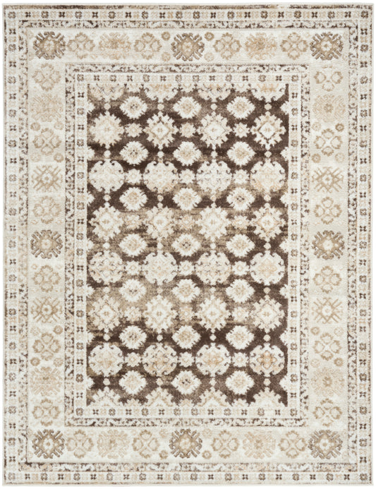 Rectangular area rug with a chocolate brown center of cream floral medallions, surrounded by cream and beige patterned borders.