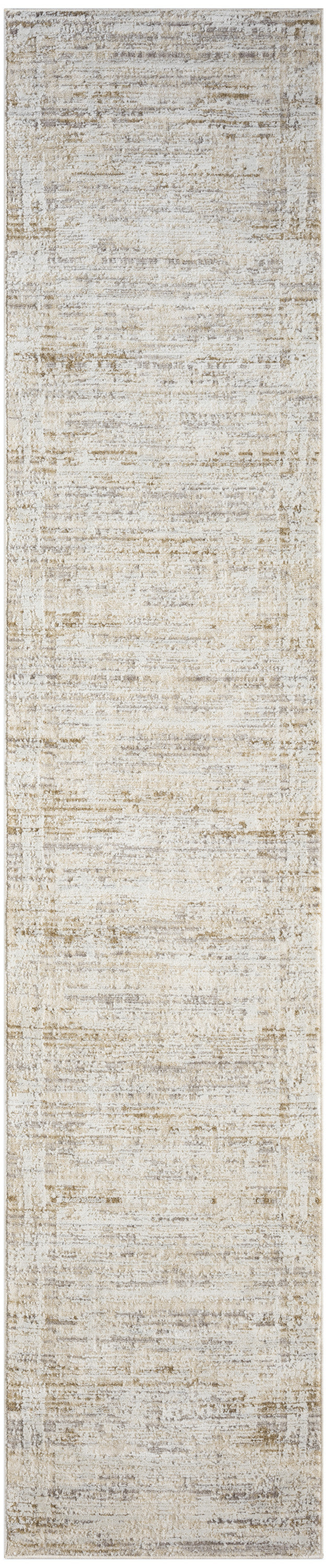 Beige distressed area rug runner with ivory and tan brushstroke pattern, vintage abstract look.